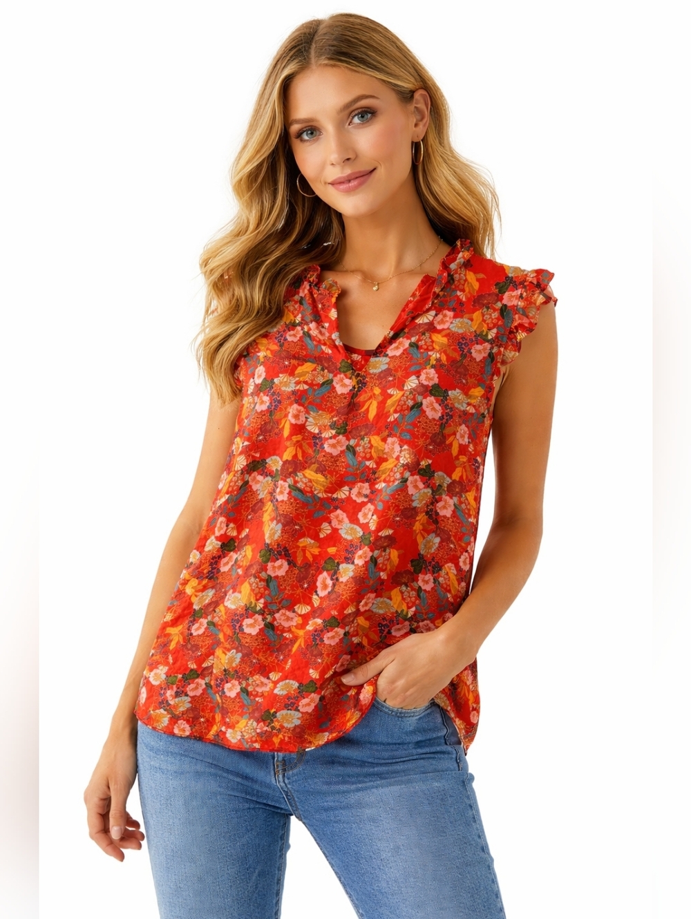 Rose + Olive Floral Blouse XL Red Multicolor Ruffle Sleeve V-Neck Boho Lightweig
